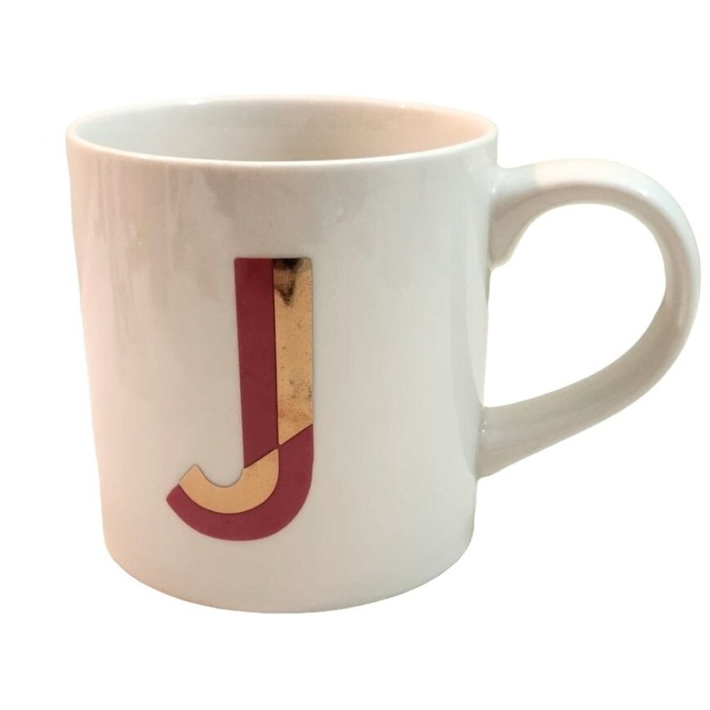Initial Letter Mug "J" Opal House Cream White Gold Pink Metallic 15 oz Ceramic